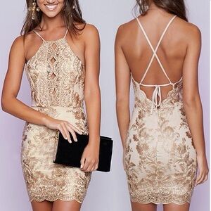 Elegant Golden Beige Lace Dress with Open back
